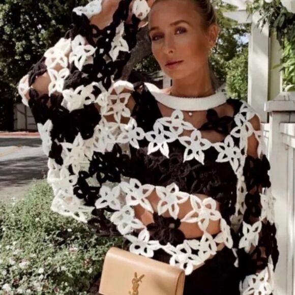 Zara Tops - Zara Limited Edition Black White Women's Floral Crochet Sweater Boho Festival